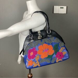 Sharif Blue Shoulder Bag with Black Trim and Multicolor Floral Embroidery